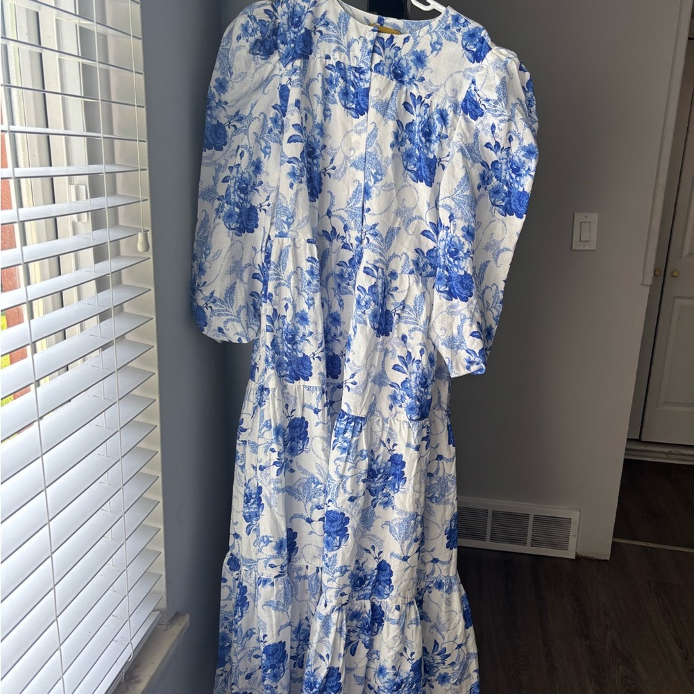 Blue and White Ruched Puff Sleeve Sundress